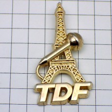 ピンバッジ・エッフェル塔パリ録音マイク金色ラジオ電波 TDF EIFFEL-TOWER MICROPHONE TELE-DIFFUSION-DE-FRANCE