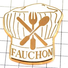 ピンバッジ・フォションのシェフ帽子ナイフとフォークとスプーン白 FAUCHON TRAITEUR PARIS FRANCE