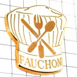 ピンバッジ・フォションのシェフ帽子ナイフとフォークとスプーン白 FAUCHON TRAITEUR PARIS FRANCE