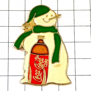 ピンバッジ・コカコーラと雪だるまクリスマス緑色マフラー