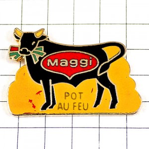 ピンバッジ・マギー社ポトフー草を食べる黒牛 MAGGI POT-AU-FEU FRANCE