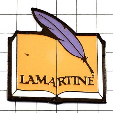 ピンバッジ・ラマルティーヌ詩人パープルの羽根ペンと本 ALPHONSE-DE-LAMARTINE LAMARTINE