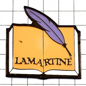 ピンバッジ・ラマルティーヌ詩人パープルの羽根ペンと本 ALPHONSE-DE-LAMARTINE LAMARTINE