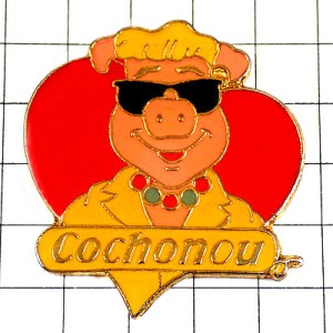 ピンバッジ・サングラス黒メガネ眼鏡のブタ豚ハート型 COCHONOU