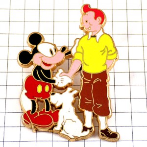 ピンバッジ・タンタンとミールー握手ミッキーマウス犬スノウィBDバンドデシネ漫画 TINTIN MILOU MICKEY HERGE