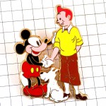 ピンバッジ・タンタンとミールー握手ミッキーマウス犬スノウィBDバンドデシネ漫画 TINTIN MILOU MICKEY HERGE