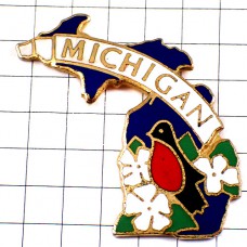 ピンバッジ・コマツグミ鳥ミシガン州アメリカ地図型アメリカンロビン州鳥/USA MICHIGAN STATE MAP DETROIT