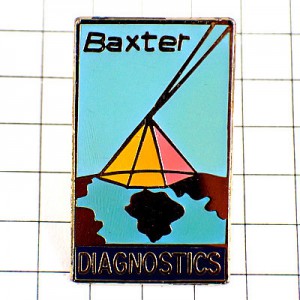 ピンバッジ・六角錐と地球バスクター製薬会社 BAXTER DIAGNOSTICS