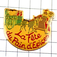 ピンバッジ・ロバで馬車を引くおじいさん聖人サンニコラ大きな杖 LA-FETE-DU-PAIN-D-EPICE SAINT-NICOLAS FRANCE