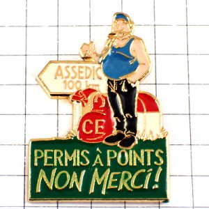 ピンバッジ・ヒッチハイクの男タンクトップ青 PERMIS-A-POINTS HICH-HIKING FRANCE