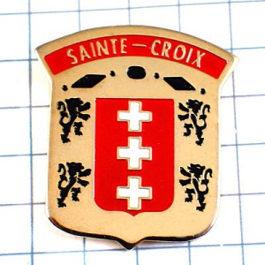 ピンバッジ・白い十字３つの紋章ライオン SAINTE-CROIX