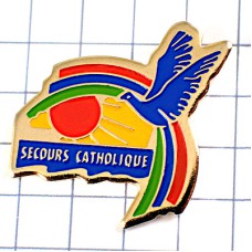 ピンバッジ・助け合いブルー青い鳩と太陽カトリック教会 SECOURS-CATHOLIQUE COLOMBE PEACE