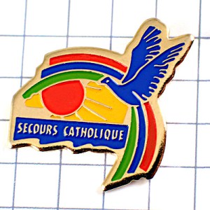 ピンバッジ・助け合いブルー青い鳩と太陽カトリック教会 SECOURS-CATHOLIQUE COLOMBE PEACE