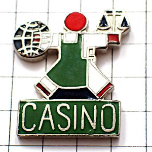 ピンバッジ・カジノ天秤と地球グリーン緑のエプロン CASINO