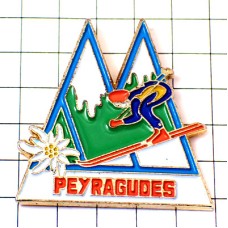 ピンバッジ・スキーヤー雪山とエーデルワイス花 EDELWEISS PEYRAGUDES SKIING FRANCE