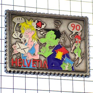 ピンバッジ・スイス郵便切手型スキー漫画ラブレター男の子セクシー女の子 HELVETIA STAMP