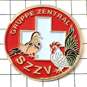 ピンバッジ・白い十字スイス国旗ニワトリ鶏と鳩ハト鳥