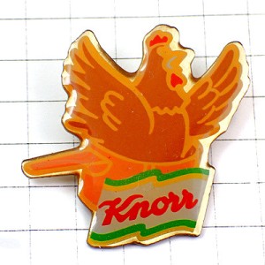 ピンバッジ・クノール雌鶏チキンスープ片手鍋とニワトリ KNORR BOUILLON-DE-POULE