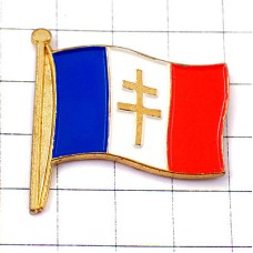 ピンバッジ・ドゴール将軍ロレーヌの十字フランス国旗トリコロール３色 CROIX-DE-LORRAINE CHARLES-DE-GAULLE FLAG