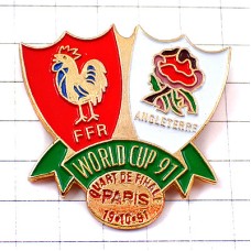 ピンバッジ・ラグビー紋章ニワトリ雄鶏ワールドカップ大会パリ英国イギリスUK FFR FRANCE ENGLAND PARIS RWC-1991