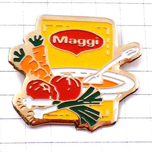 ピンバッジ・マギーの野菜スープお皿スプーン葱トマト人参 MAGGI