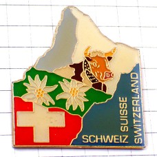 ピンバッジ・鐘をつけた牛うしエーデルワイス花スイス国旗の白い十字 SWISS SCHWEIZ SUISSE MOUNTAIN EDELWEISS