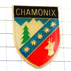 ピンバッジ・シャモニー鹿と雪山の紋章 CHAMONIX