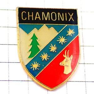 ピンバッジ・シャモニー鹿と雪山の紋章 CHAMONIX