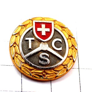 ピンバッジ・スイス国旗の紋章ツーリングクラブ自動車ハンドル金色ゴールド月桂樹 TOURING-CLUB-SUISSE TCS