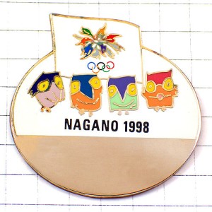 ピンバッジ・長野冬季オリンピック五輪スノーレッツ４羽のフクロウ梟ビンテージ中古品 NAGANO-1998 JAPAN MASCOT