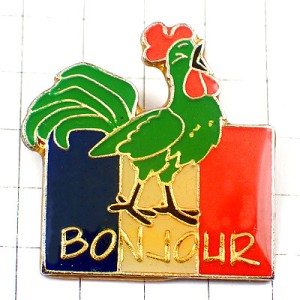 ピンバッジ・雄鶏ニワトリ国鳥ボンジュール国旗フランス青白赤 BONJOUR FRANCE FLAG