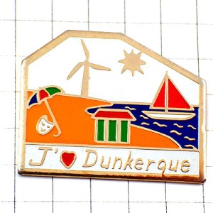 ピンバッジ・ボート仮面パラソル海岸ビーチ風力発電ダンケルク大好き DUNKERQUE STRAND EOLIENNE FRANCE