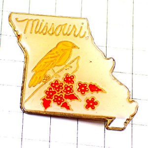 ピンバッジ・ミズーリ州アメリカ地図型/USA黄色い小鳥と赤い花 MISSOURI STATE MAP USA