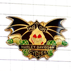 ピンバッジ・ハーレーダビッドソン髑髏ドクロ二輪スカル翼バイク黒 HARLEY-DAVIDSON SKULL WING MOTOR-CYCLES UYSA