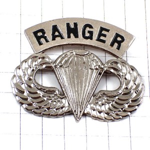 ピンバッジ・レンジャー落下傘部隊アメリカ軍パラシュートと翼シルバー銀色 RANGER AIRBORNE