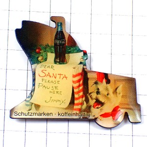 ピンバッジ・クリスマスのサンタクロースへの手紙コカコーラ瓶イヌ白い犬 COCA-COLA SANTA-CLAUS GERMANY