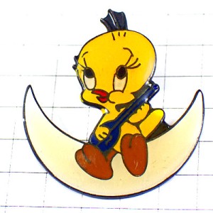 ピンバッジ・三日月の上でバンジョー弾くトゥイーティー漫画アニメ TWEETY MOON BANJO