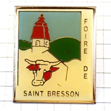 ピンバッジ・サン＝ブルッソンの牛ウシ赤い屋根の教会 SAINT-BRESSON FRANCE