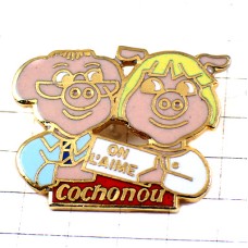 ピンバッジ・ブタ豚のカップル男女ピンク大好きフランス語 COCHONOU FRANCE