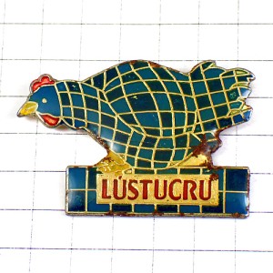 ピンバッジ・青い市松模様のニワトリ雌鳥 LUSTUCRU EGGS FRANCE