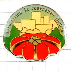 ピンバッジ・赤い花とパリの町並み LA-COURNEUVE FRANCE