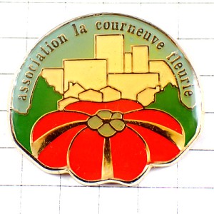 ピンバッジ・赤い花とパリの町並み LA-COURNEUVE FRANCE