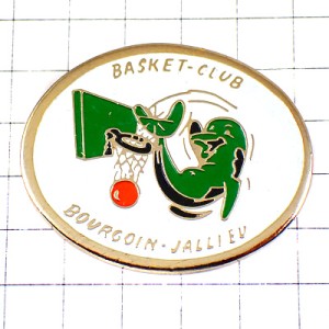 ピンバッジ・バスケットボール球シュート緑色のイルカ選手
