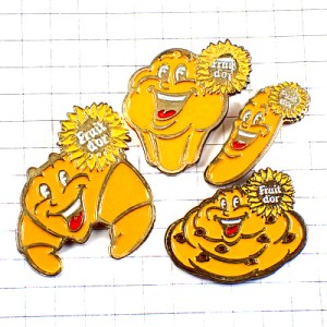 ピンバッジ・バゲットやクロワッサン菓子パンの笑顔４個 FRUIT-DOR FRANCE
