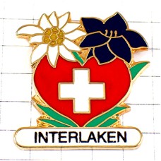 ピンバッジ・スイス花エーデルワイス赤いハート白い十字の国旗柄 SWISS EDELWEISS INTERLAKEN