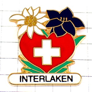ピンバッジ・スイス花エーデルワイス赤いハート白い十字の国旗柄 SWISS EDELWEISS INTERLAKEN