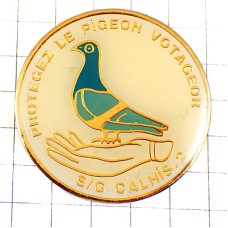 ピンバッジ・渡り鳥のハト鳩ブルー手の平の上