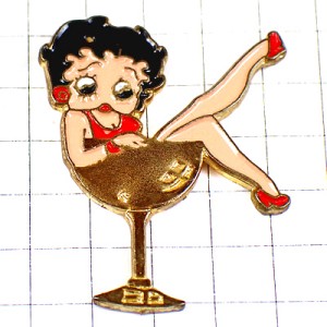 ピンバッジ・シャンパーニュ酒シャンパングラスに入った赤いドレスのベティブープ漫画 BETTY CHAMPAGNE
