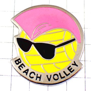 ピンバッジ・サングラス黒眼鏡ビーチバレーの球ピンク色モヒカンヘア髪型 BEACH-VOLLEY SMILEY