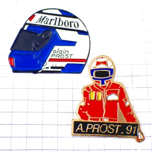 ピンバッジ・アランプロストF1レーサー車のヘルメット２個セット FERRARI ALAIN-PROST FRANCE